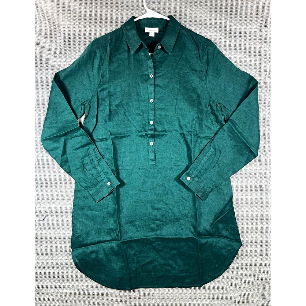 J.Jill emerald Solid Woven Linen Collared Long Sleeve Button-Up Sz S tall women